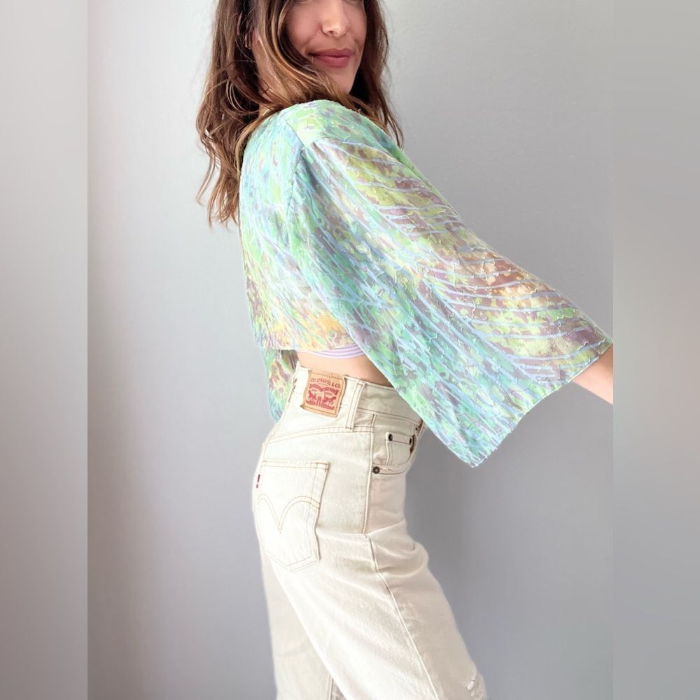 Vintage 90s Alex Evenings Petites Open Front Draped Multicolor Marbled Cardigan - Picture 3 of 11